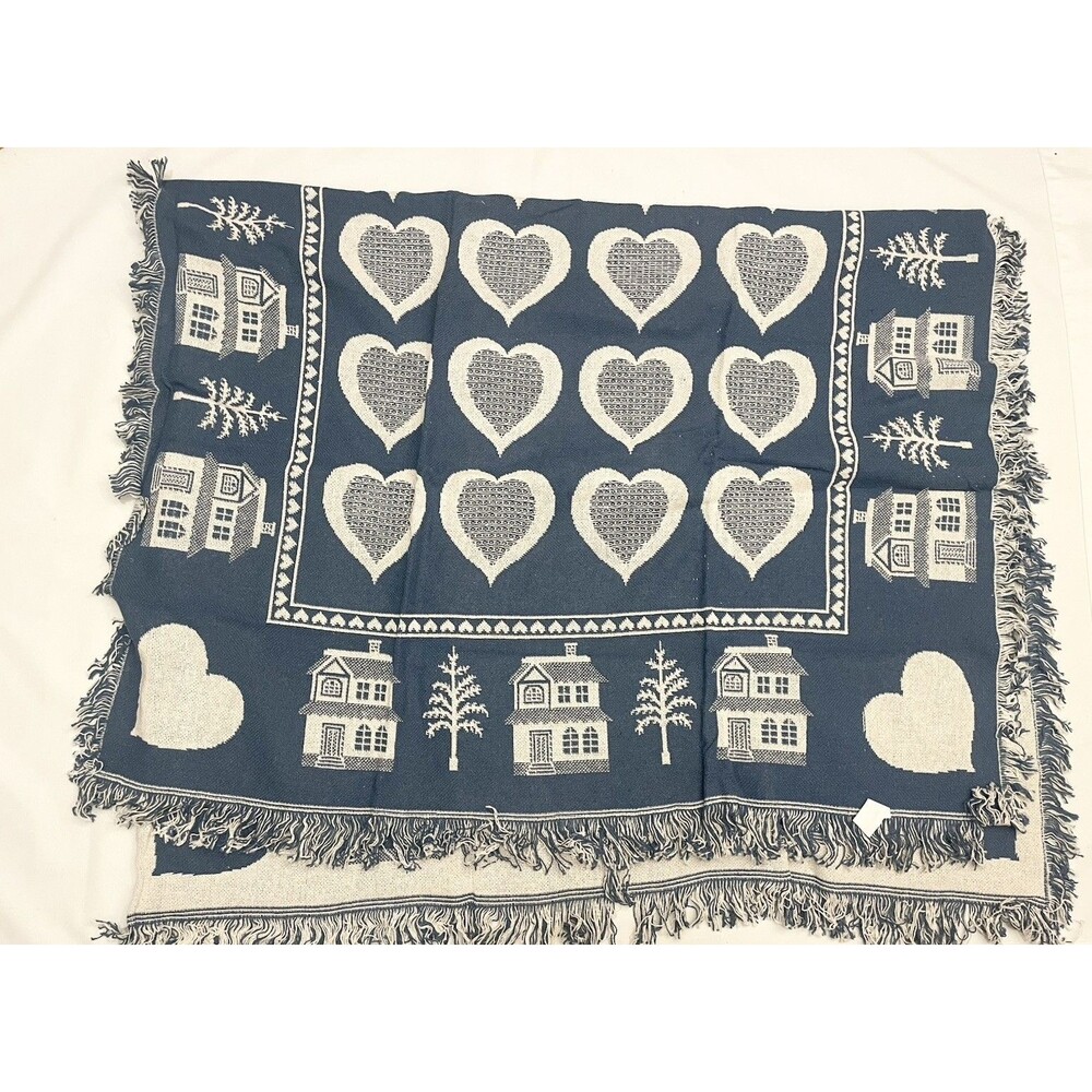 NEW Blue Ivory Heart Knit Throw Blanket 48" x 50" Fringe Edges Houses Trees